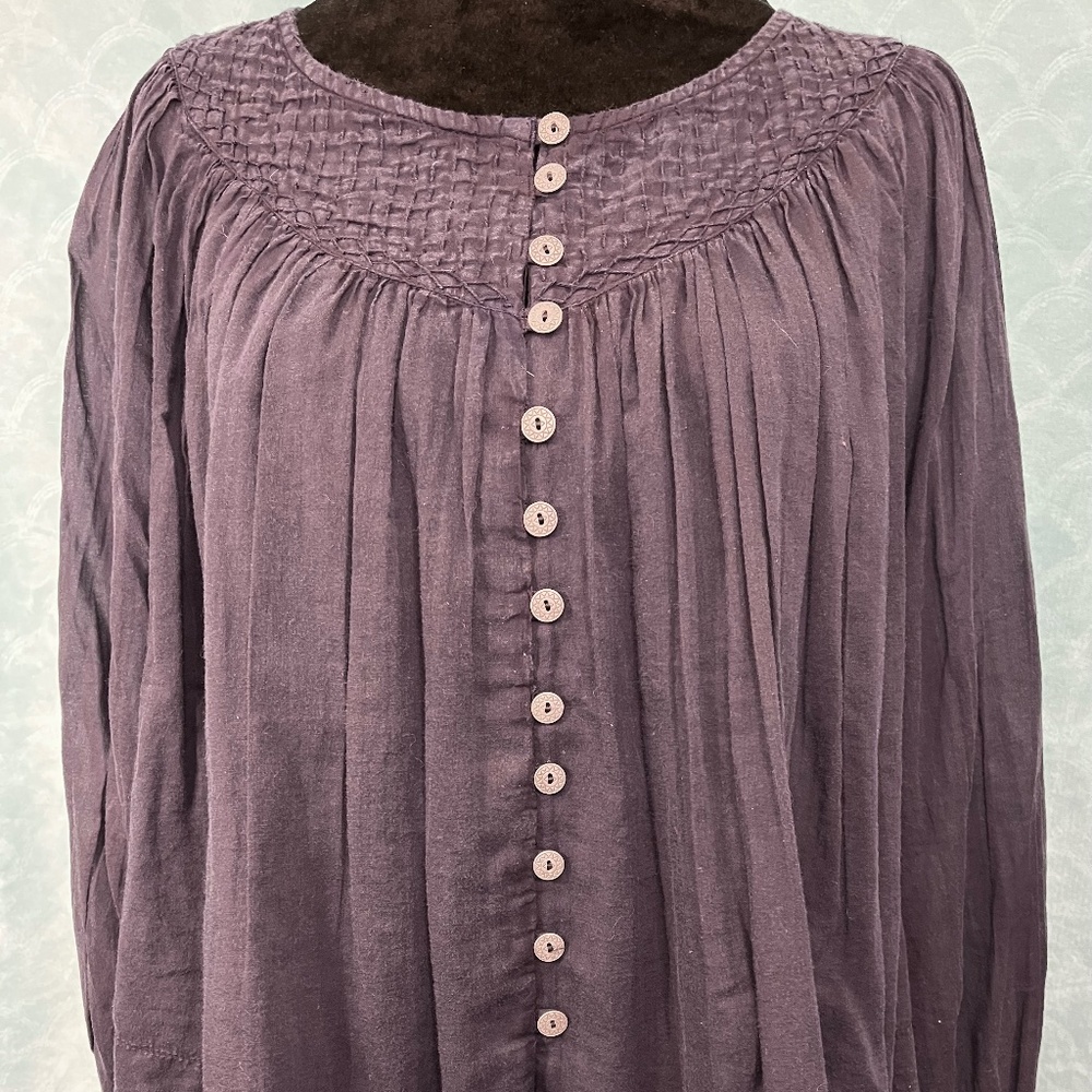 We The Free Smocked Indigo Gauze Top Cream Button Cuffs XS